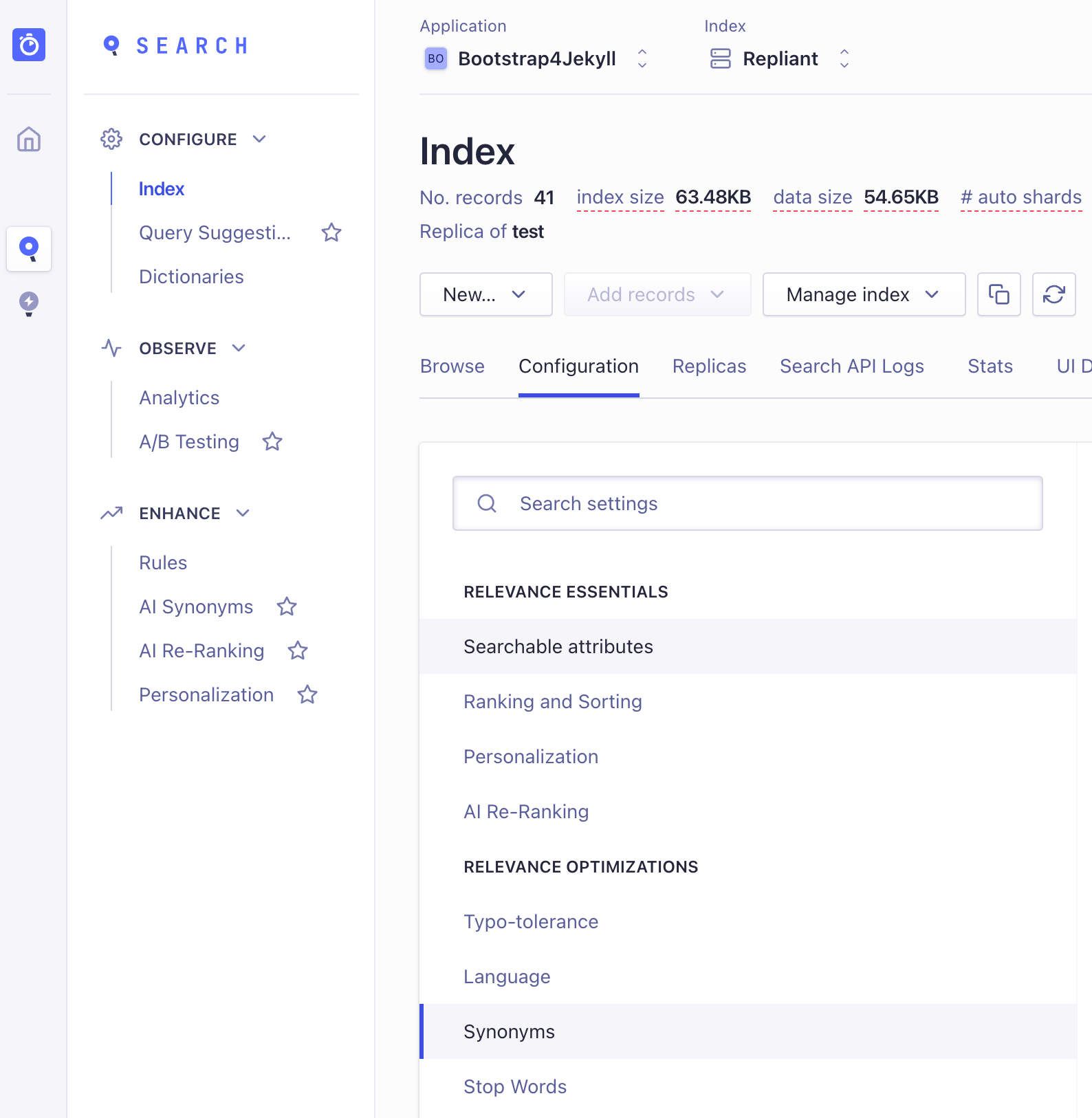 Synonym access from the dashboard: Search > Index > Configuration > Synonyms.