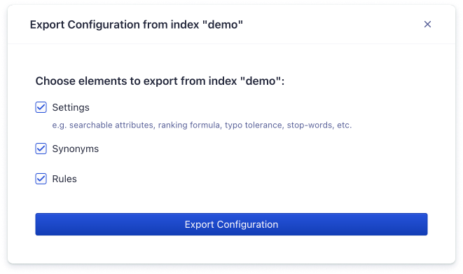 Select if you want to export Settings, Syonyms, or Rules and confirm