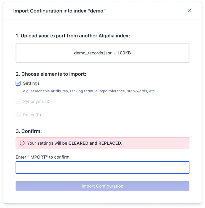 Select what you want to import from a JSON file, settings, synonyms, or Rules