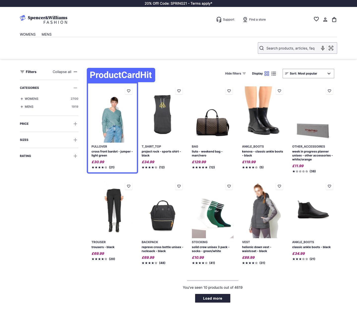 The ProductCardHit component on desktop