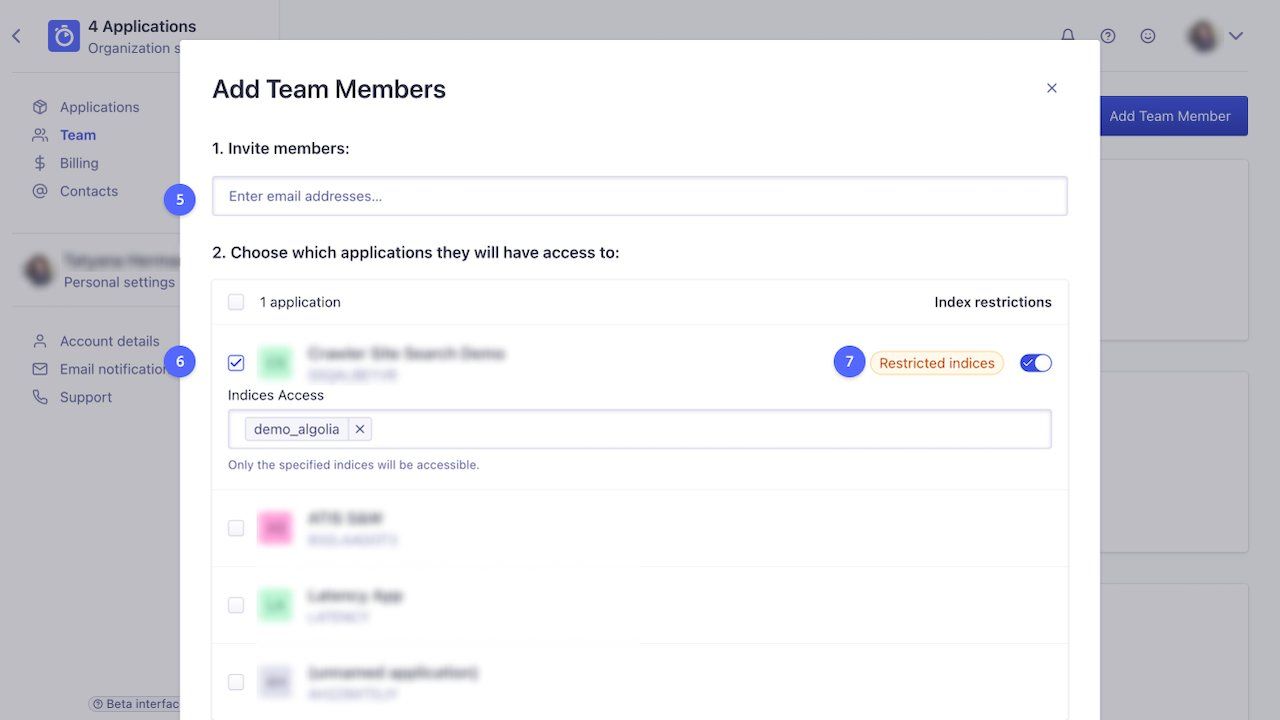 Screenshot of adding team members in the Algolia Dashboard