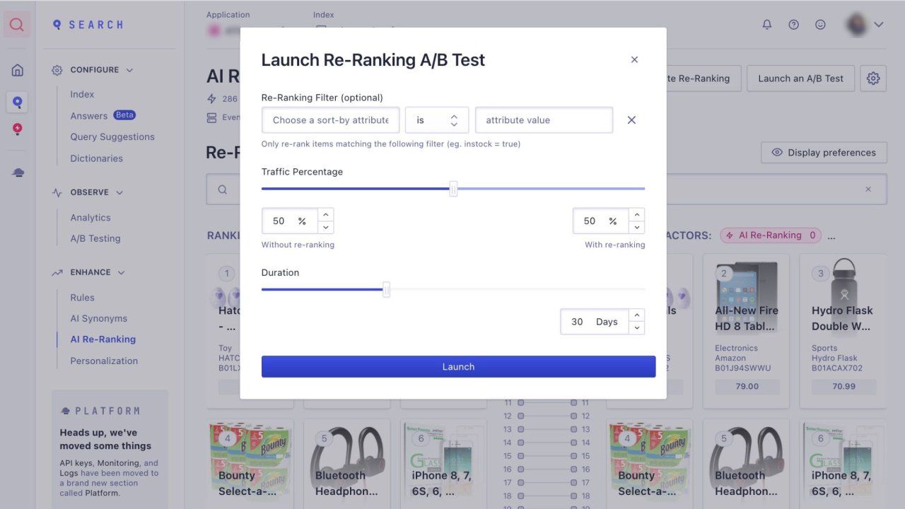 Screenshot of the Launch Re-Ranking A/B Test dialog in the Algolia dashboard