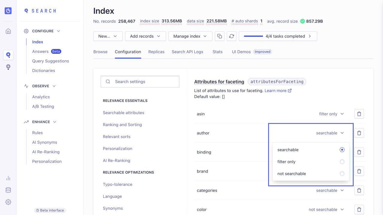 Select facets to be searchable, not searchable, or only for filtering