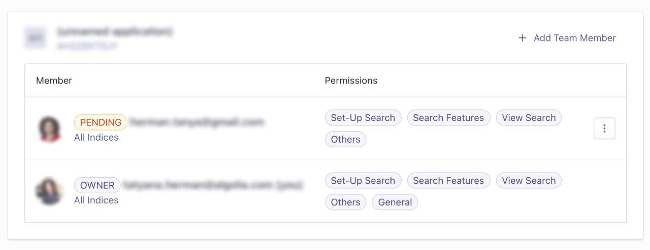 Overview of team members and their permissions per Algolia application