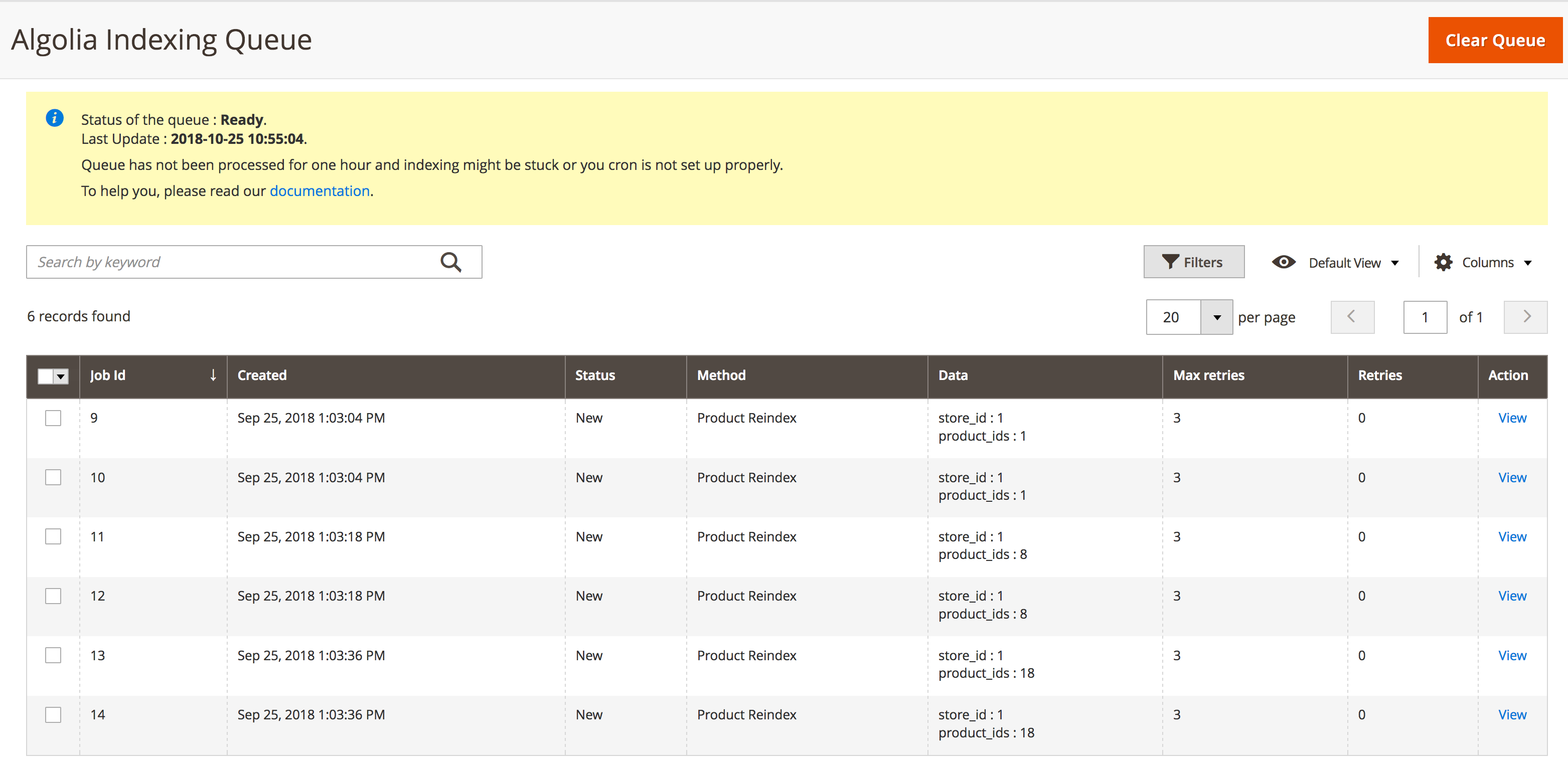 The Magento Algolia indexing queue page