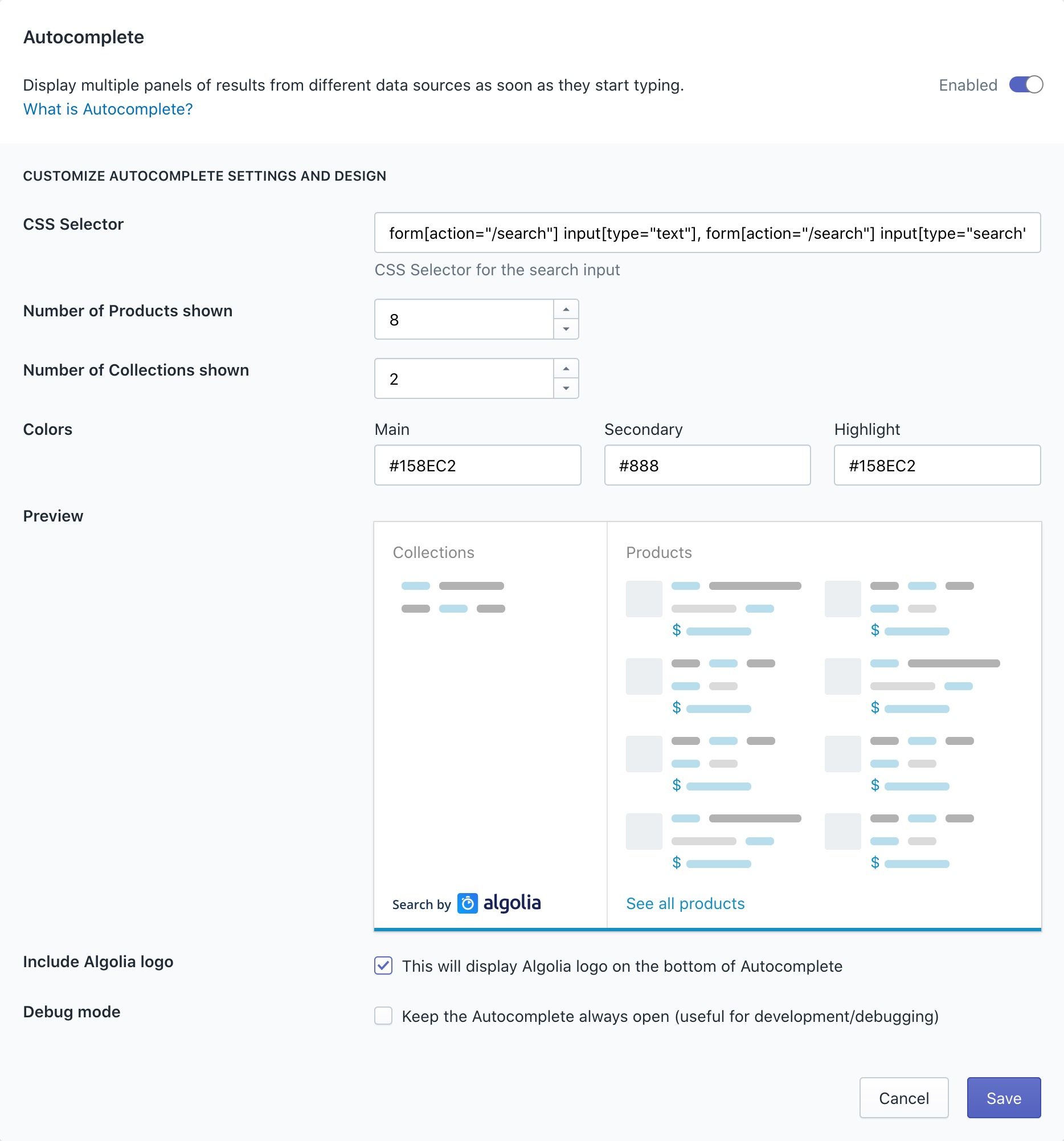 The Autocomplete configuration screen in the Shopify admin