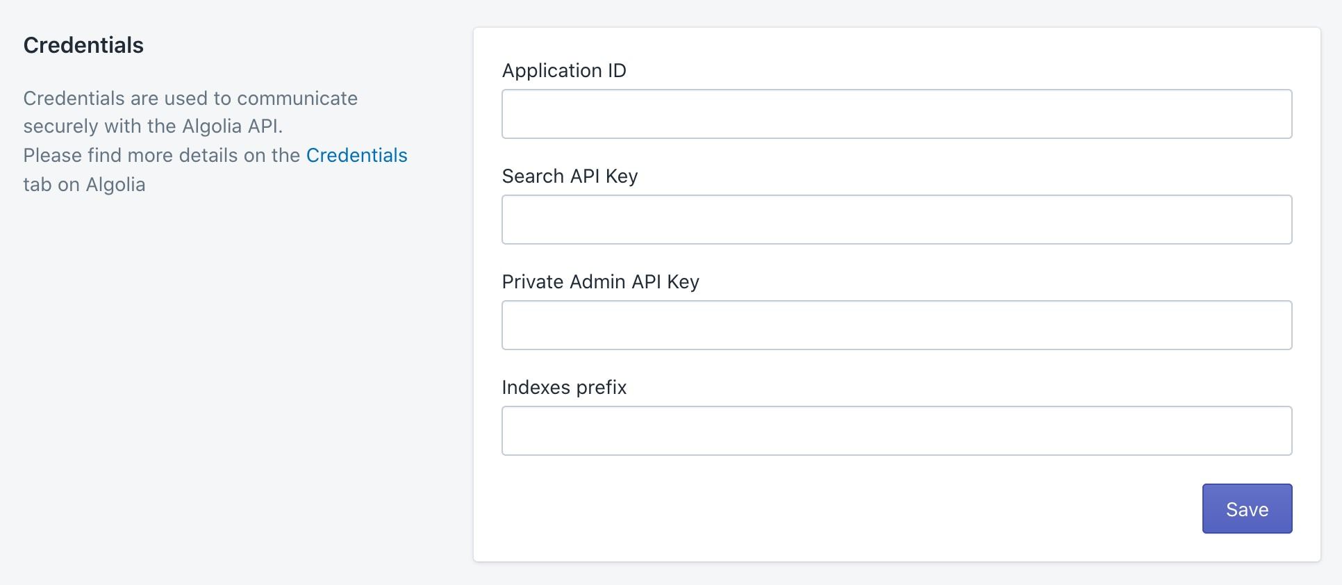 Enter your Algolia credentials into the Algolia for Shopify plugin