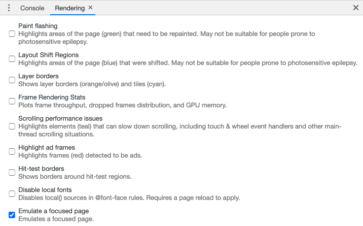 DevTools Rendering options